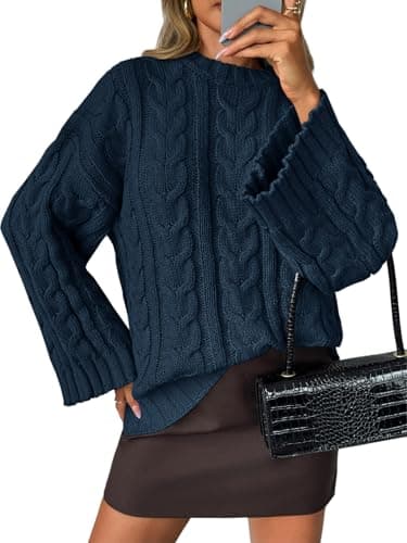 Saodimallsu Womens Oversized Sweaters Cable Knit Bell Batwing Sleeve Crew Neck Fall Winter Chunky Pullover Tops Navy - Image 1