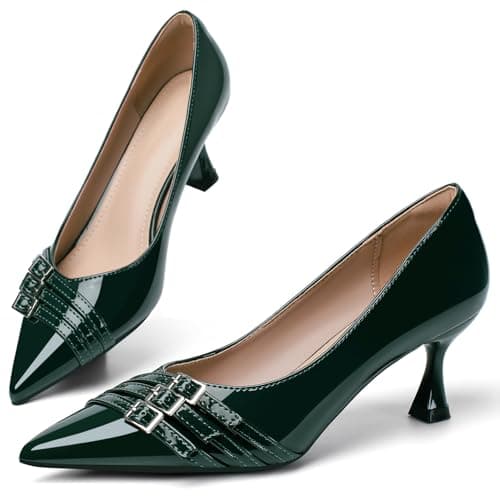 Green Kitten Heels for Women Leather Comfortable Closed Toe Pointed Toe Heels Wedding Party Dress Pumps Shoes Size 5 - Image 1