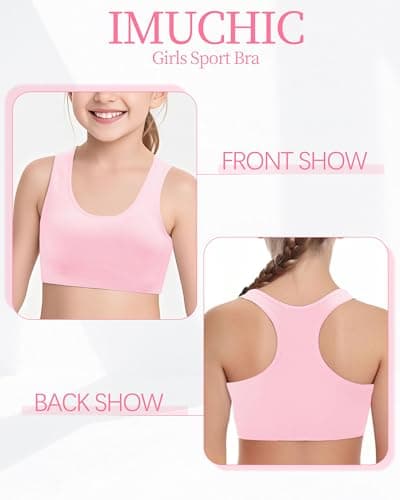 iMuchic Girls Racerback Sports Bra, Built -Up Stretch Crop Undershirt Seamless Training Bra in Everyday Colors for Teens (US, Alpha, Medium, Pink) - Thumbnail 3