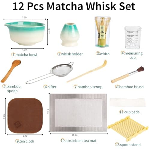 12 Pcs Matcha Whisk Set - Matcha Set Includes Ceramics Matcha Bowl and Cup, Matcha Kit for Ceremony Making Tools, Gift for Family/Friend (Gradient white-green) - Thumbnail 3