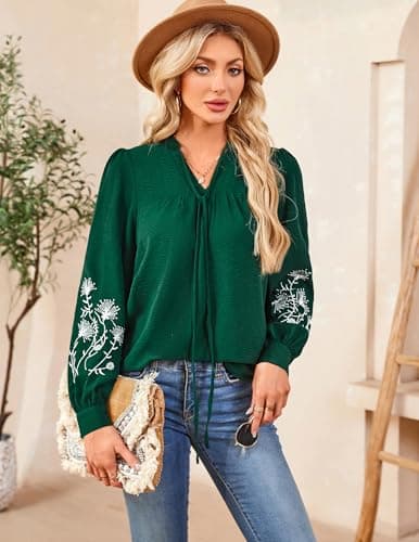 LOOKBOHO Women's Long Sleeve Tops Casual Floral Embroidered Puff Trendy Pleated V Neck Boho Blouses Tie Front Shirts XXL - Thumbnail 2