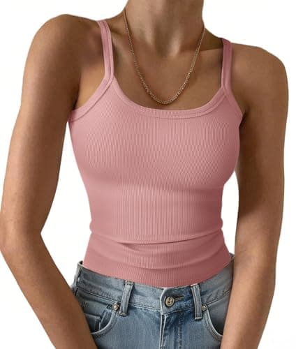 GKBK Women's Tank Tops 2026 Spaghetti Strap Ribbed Knit Scoop Neck Sleeveless Shirts Summer Casual Basic Tanks Pink M