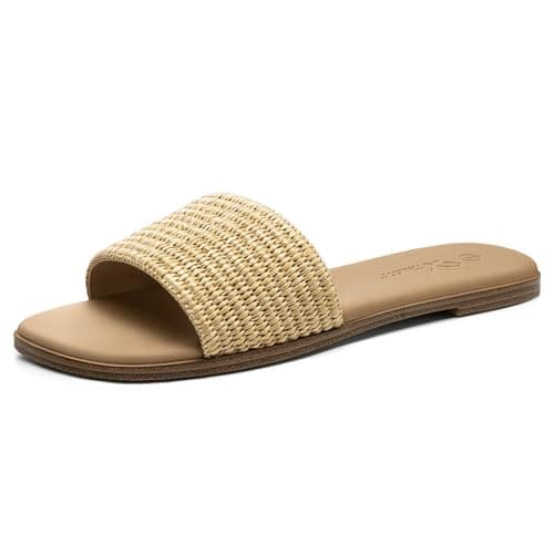 Athlefit Tan Raffia Flat Sandals for Women Dressy Square Open Toe Comfortable Slip On Beach Casual Slide Sandals Size 5.5 - Image 1