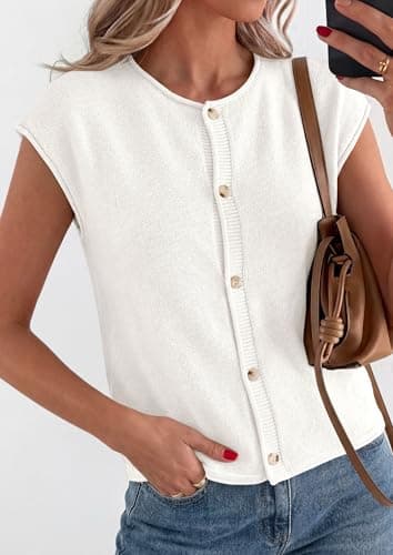 PRETTYGARDEN Womens Cap Short Sleeve Sweater Vest 2026 Spring Summer Lightweight Button Down Cardigans Trendy Loose Tops (White,Medium) - Thumbnail 5