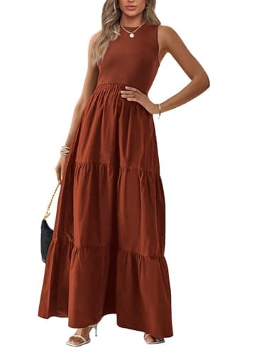 BTFBM Women Sleeveless Summer Dresses Wedding Guest Maxi Dresses Ribbed Knit Tops and Polyester Skirt with Pockets(Solid Dark Orange,Medium) - Image 1