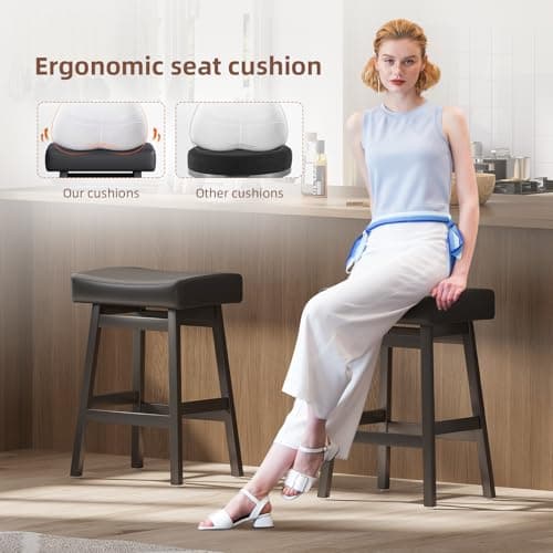 26 Inch Counter Height Bar Stools Set of 6, Backless Saddle Stools with Bonded Leather Seats, Stylish Barstools for Kitchen Island, Dining, Home Bar (Black, Set of 6) - Thumbnail 3