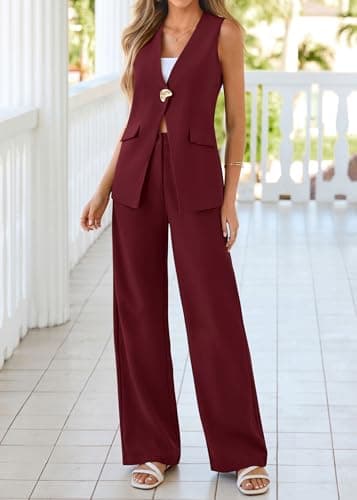 KIRUNDO Pant Suits for Women Dressy 2 Piece Business Casual Outfits Summer Sleeveless Blazer Vest Wide Leg Pantsuit Sets(Burgundy, Medium) - Thumbnail 3