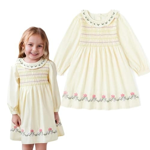 Curipeer Little Toddler Girl Long Sleeve Smocked Dress Girls Cotton Floral Smocked Playwear Dress in Fall and Spring Apricot 18M - Image 1