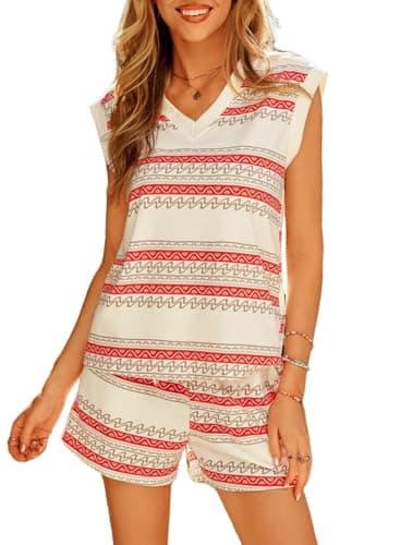 Dokotoo Matching Sets Women Clothing Sexy V Neck Sleeveless Tank Top and Waist Belts Shorts Casual Outfits with Pockets Striped Print 2Pcs Outfit Apricot Stripe Small - Image 1