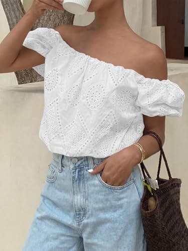 PRETTYGARDEN Women's Summer Off The Shoulder Tops 2026 Dressy Casual Puff Short Sleeve Embroidered Eyelet Cute Blouse Shirts(White,X-Large) - Thumbnail 4