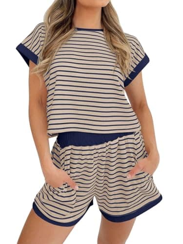Tankaneo Womens 2 Piece Lounge Sets Striped Knit Short Sleeve Shirts and Shorts Sets Casual Summer Outfits Khaki - Image 1