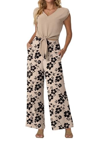 Lepunuo 2 Piece Outfits V Neck Belted Cute Crop Top with Casual Wide Leg Pants Women's Summer Beach Vacation Set - Image 1