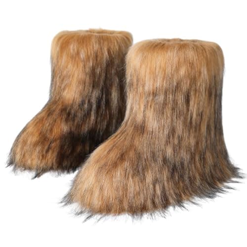 Dufnfn Women's Faux Fur Boots Size 7.5 - Mid-Calf Winter Snow Boots with Fluffy Lining, Y2K Fashion Warm Shoes for Women （brown） - Image 1