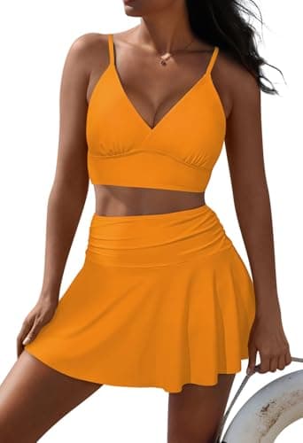 Pink Queen Women's High Waisted Bikini Set Two Piece Swimsuit V Neck Spaghetti Straps Swim Skirt Bathing Suit Orange M - Image 1