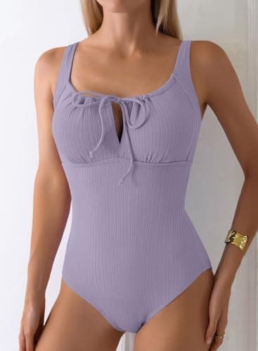 Aleumdr Womens Textured One Piece Bathing Suits Tummy Control Swimsuits Padded Push Up Bathing Suits Full Coverage Swimwear Lavender Purple Large - Thumbnail 2