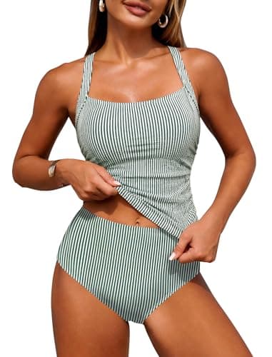 ZAFUL Women's Tankini Swimsuits Tummy Control Two Piece Swimsuit Ruched Tankini Bathing Suits Swimwear Green Striped 2XL - Image 1
