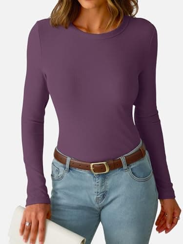 GKBK Ribbed Long Sleeve Tops for Women Fitted Basic Tight T-Shirts Crewneck Cute Layering Tops Lightweight Fall Sweaters 2026 Fashion Outfits Winter Clothes Purple - Thumbnail 3