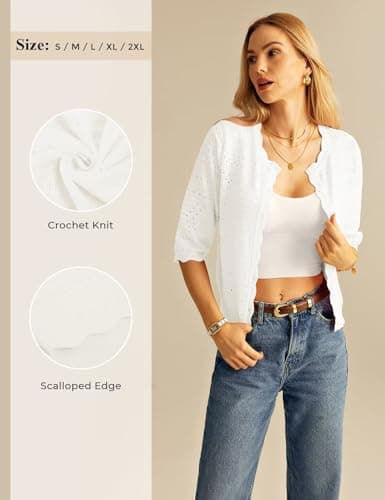 GRACE KARIN White Cardigan Sweaters for Women Summer Lightweight Button Up Cardigans 3/4 Sleeve Cropped Summer Casual Shrugs - Thumbnail 6