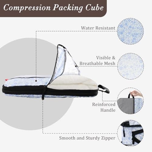 U+U 8 Set Compression Packing Cubes - Ultralight Travel Organizers with Laundry Bag and Cosmetic Bag, Space-Saving Suitcase Organizer for Travel, Business Trip and Family Vacation (Blue Flower) - Thumbnail 2