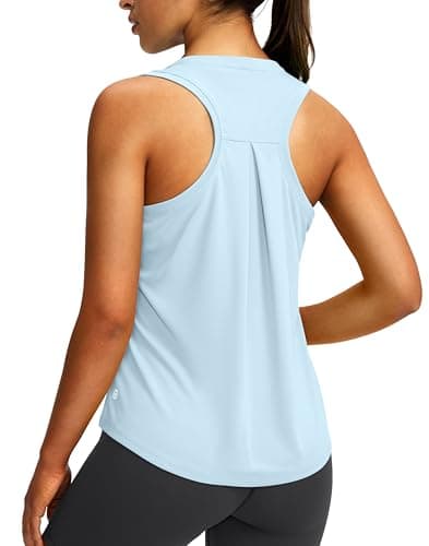 Women's Workout Tops Racerback Athletic Tank Tops Sleeveless Loose Fit Yoga Running Gym Shirts for Women(Blue Linen,L) - Image 1