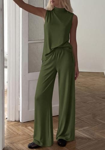 BTFBM Summer 2 Piece Lounge Sets For Women Sleeveless Mock Neck Wide Leg Loose Spring Vacation Airport Travel Outfits(Army Green, X-Large) - Thumbnail 5