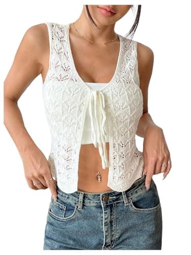 GORGLITTER Women's Crochet Tops Boho Tie Front Knit Crop Tank Tops Sleeveless Western Cowgirl Summer Going Out Outfits White Medium - Image 1