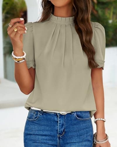 BTFBM Women Blouses 2026 Dressy Casual Summer Tops Mock Neck Lace Trim Short Sleeve Business Work Shirts Spring Clothes(Light Green, Large) - Thumbnail 2