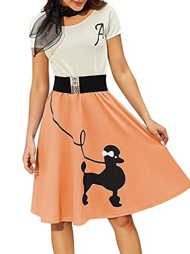 ZEZCLO Women's Retro Poodle Print Skater Dress Vintage High Waist Rockabilly Swing Tee Cocktail Party Dresses Orange Pink S - Thumbnail 2