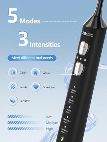 7MAGIC Sonic Electric Toothbrush for Adults and Kids - Up to 180 Days Runtime, 42000 VPM Powered Toothbrush, 5 Modes & 3 Intensities for Sensitive Teeth & Braces, Includes 8 Brush Heads, Black - Thumbnail 6