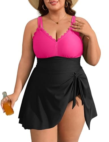 Charmo Plus Size Bathing Suit for Women One Piece Swimdress Tummy Control Ruched Swimsuits Scalloped V Neck Swimwear Pink Black 3X - Image 1