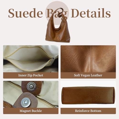 JueiXeoy Slouchy Tote Bag for Women Hobo Bags Soft Vegan Leather Hobo Purse Shoulder Bag Retro Travel College Work Tote Handbags 2pcs Brown - Thumbnail 5