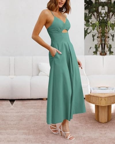 BTFBM Women 2026 Spaghetti Strap Midi Summer Dresses Sleeveless V Neck Cutout Slit Casual Beach Party Maxi Dress Pockets(Grey Green, XX-Large) - Thumbnail 2