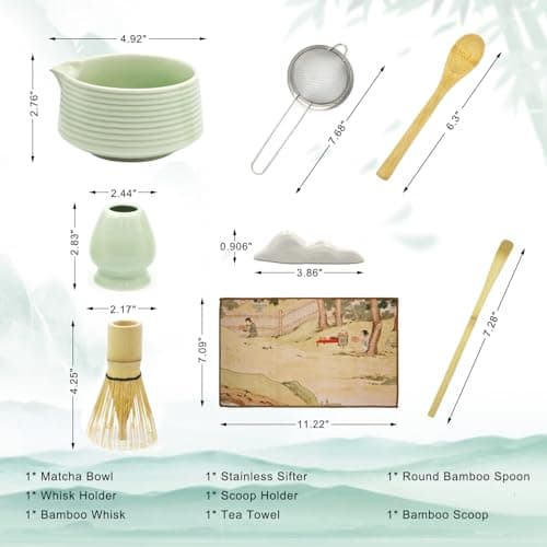 Matcha Whisk Set, Matcha Bowl with Spout, Tea Brush Stand, Stainless Steel Sifter, Matcha Whisk Holder - 8 Pcs Green Matcha Kit Set for Matcha Lover Ideal Holiday Gift, Tea Making Tools - Thumbnail 2