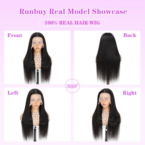 RUNBUY 26Inch Straight Wigs Human Hair 13x6 Real frontal Wig 220 Density HD Lace Front Wigs Human Hair Pre Plucked Straight Human Hair Wig for Women Natural Black No Synthetic Fiber True to Length - Thumbnail 3