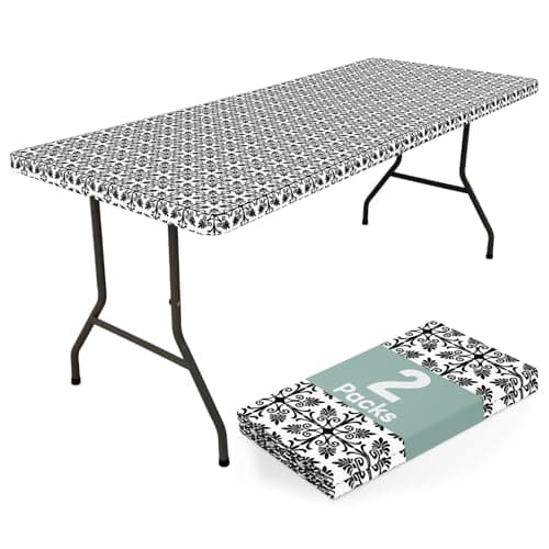 misaya 2 Pack 6 Foot Rectangle Picnic Tablecloth, Elastic Fitted Waterproof Table Cover, Windproof Washable Polyester Table Cloth for Camping, Indoor and Outdoor (Black, 30" x 72") - Image 1