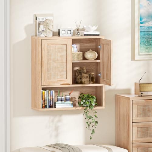 LEYAOYAO Rattan Bathroom Wall Cabinet, Boho Medicine Cabinet with Adjustable Shelf & Doors, Over The Toilet Storage Cabinets Organizer for Laundry Room, Kitchen, Living Room, Natural - Thumbnail 6