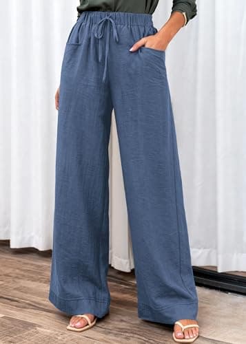 KIRUNDO Wide Leg Palazzo Pants for Women Summer High Waist Flowy Casual Trousers Lounge Pants Beach Vacation Travel Outfits (Dusty Blue, Small) - Thumbnail 6