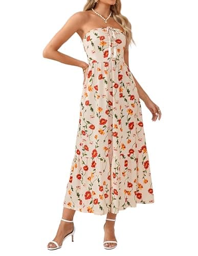 GRACE KARIN Strapless Floral Maxi Dress,Summer Casual Tube Top Boho Dresses,Beach Smocked Flowy Dress with Pockets Beige S - Image 1