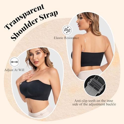 DD DEMOISELLE 1 Pack Women's Strapless Bandeau Bra, Strapless Bralette Half Bras for Women Tube Top Bra, Black，XXL - Thumbnail 2