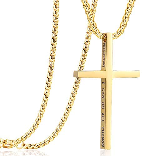 Rehoboth Stainless Steel Cross Pendant Necklaces for Men Women Philippians 4:13 Strength Bible Verse Pendant Chain 24 Inch Gold - Image 1
