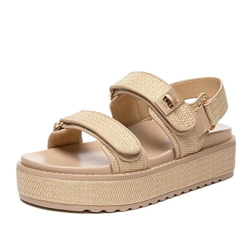 Rihero Raffia Platform Sandals Women Comfortable Open Toe Flat Sandals Summer Cute Straw Espadrille Sandals with Back Strap Size 9.5 - Image 1