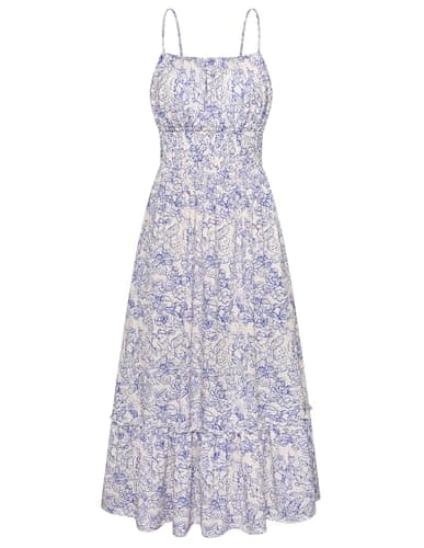 GRACE KARIN Summer Dresses for Women 2026 Vacation,Smocked Floral Maxi Dresses,Boho Beach Long Sundress Blue White Floral XXL - Image 1