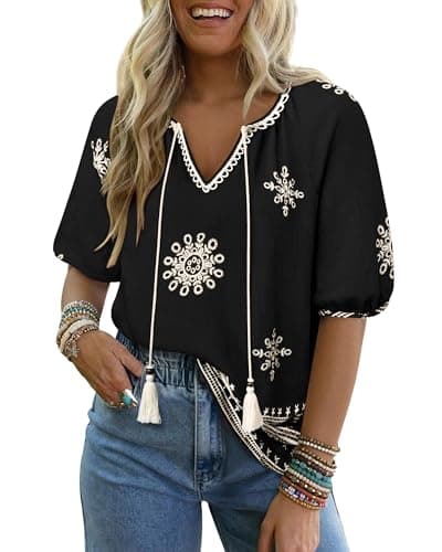 Summer Womens Spring Tops for Women Casual V Neck Half Short Sleeve Boho Blouses Shirts Flowy Vacation Clothes Black M - Image 1