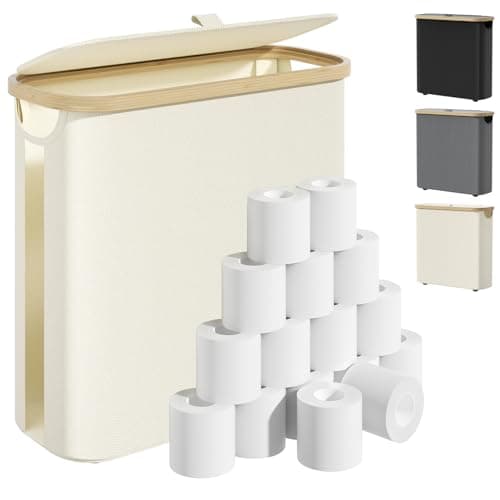 Toilet Paper Storage Basket with Lid and Handle, Foldable Toilet Paper Basket Organizer for Bathroom, Large Capacity Toilet Paper Holder with Storage for 12 Mega or 16 Regular Rolls, Beige - Image 1