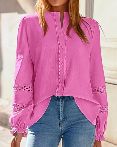 KIRUNDO Going Out Tops for Women 2026 Spring Fashion Boho Cotton Eyelet Long Sleeve Button Up Shirt Lace Dressy Casual Blouse(Hot Pink, Small) - Thumbnail 3