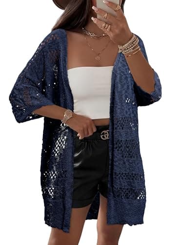 KISSMODA Summer Crochet Short Sleeve Cardigan for Women Navy Open Front Casual Lightweight Kimono Cover Ups for Grocery Runs XL - Thumbnail 2