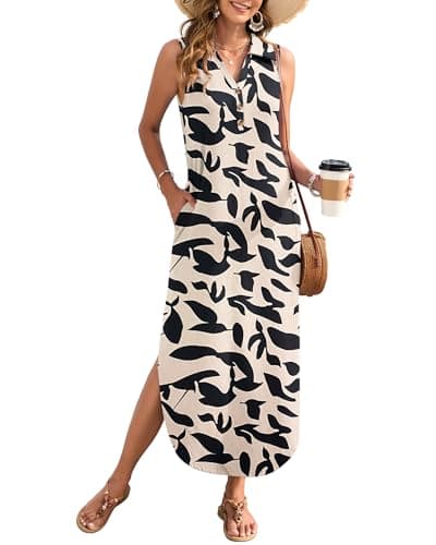 MOLERANI Womens Summer Long Dress Loose Sleeveless Maxi Dress V Neck Beach Flowy Sundress 2026 Travel Vacation, Apricot Black Leaf, S - Image 1