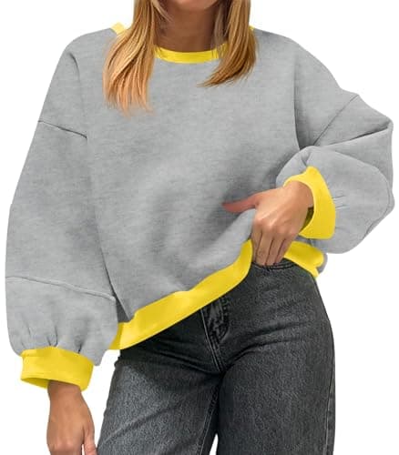 Fisoew Womens Oversized Sweatshirts Crewneck Long Sleeve Pullover 2025 Cute Color Block Casual Fleece Y2k Cropped Tops Light Grey - Image 1