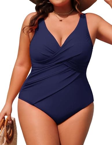 Hanna Nikole High Coverage One Piece Swimsuits for Women Plus Size,Triangular One Piece with Removable Cups Navy Blue 20W - Image 1