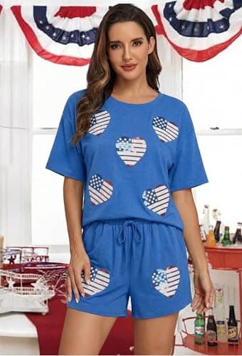 MYHALF 4th of July Sets for Women Sequin Star Graphic Shirt and Shorts Patriotic Outfits 2 Piece Short Sleeve Lounge Set - Thumbnail 5
